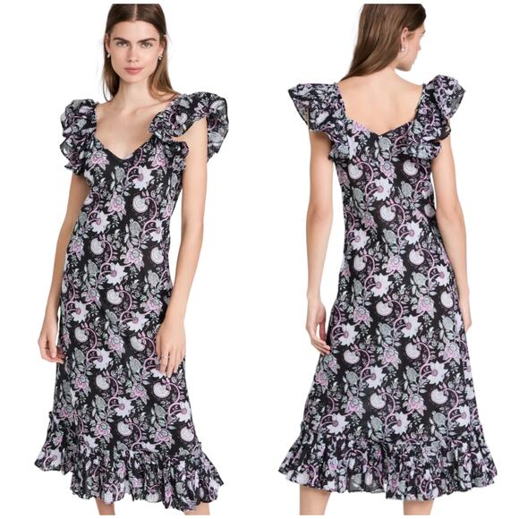 Mille NWT Klara Midi Dress Tropical Night Size XL Ruffle Sleeve Pleated Hem - Picture 2 of 11